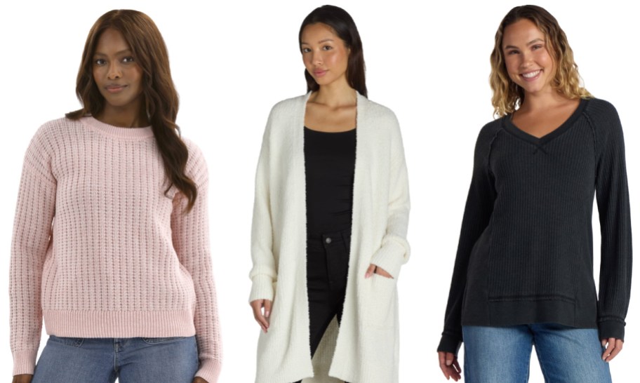 Three women wearing Walmart Time and Tru sweaters.