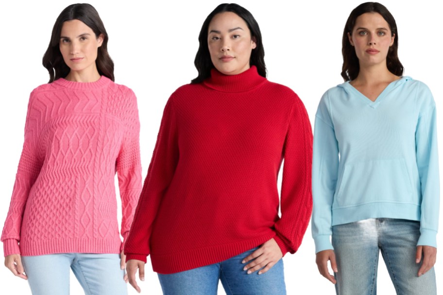 Three women wearing Walmart Time and Tru sweaters.