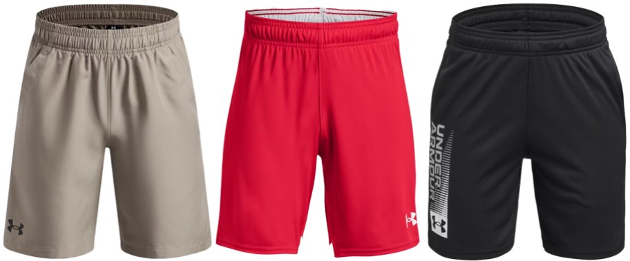 brown, red, and black pairs of shorts