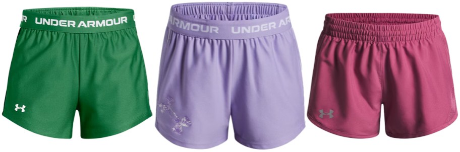 green, purple, and pink pairs of shorts