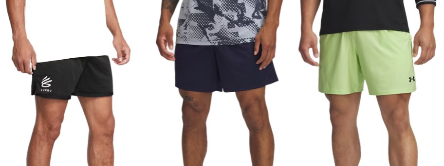three men modeling under armour shorts
