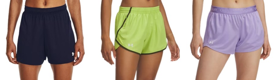 three women modeling under armour shorts