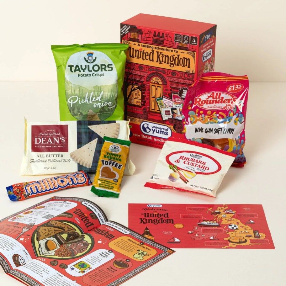 uk snack box with bags of snack on counter
