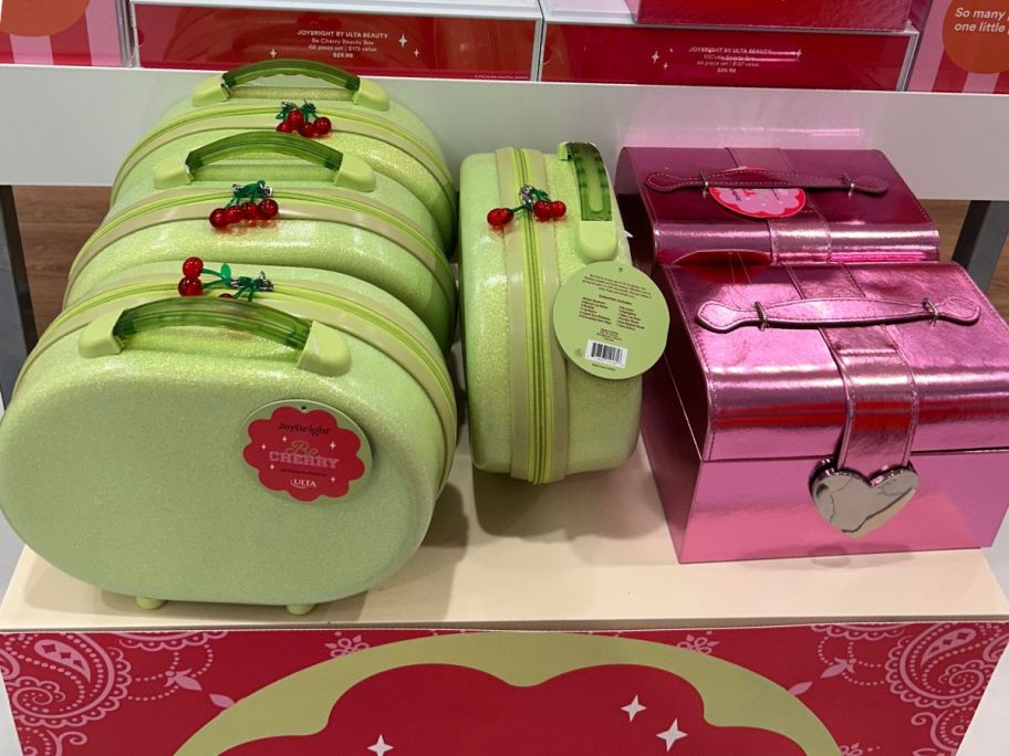 Several cases in green and pink on display