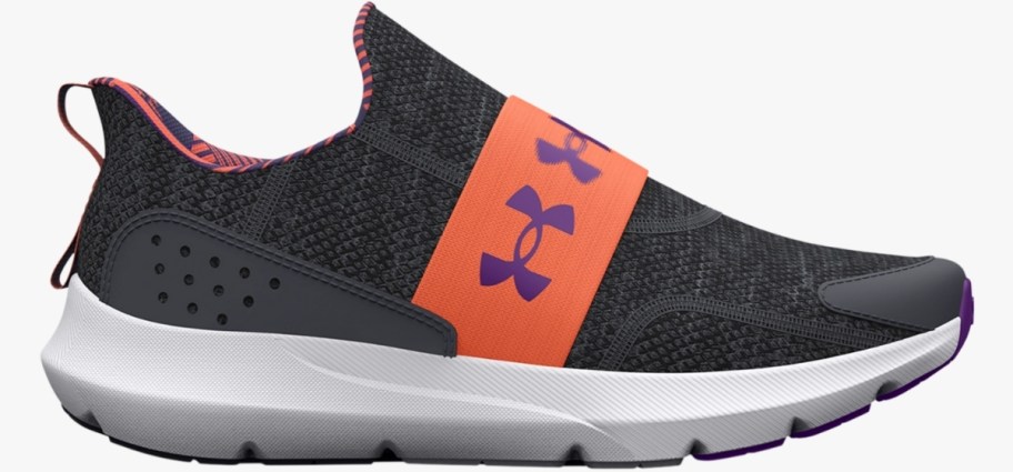 a black and orange slip on sneaker