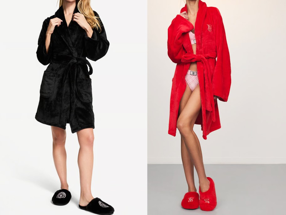 two women in black and red robes with matching slippers