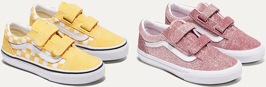 yellow checkerboard shoes and pink glitter shoes