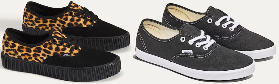 black/leopard and black pairs of vans sneakers