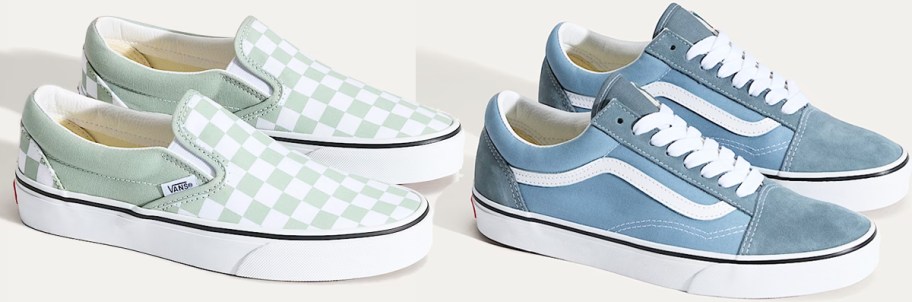 green and blue pairs of vans sneakers