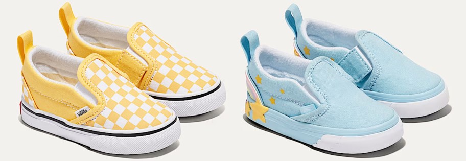 yellow checkerboard shoes and blue slip on shoes