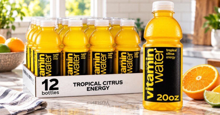 case of Vitaminwater Energy Tropical Citrus drinks on a kitchen counter