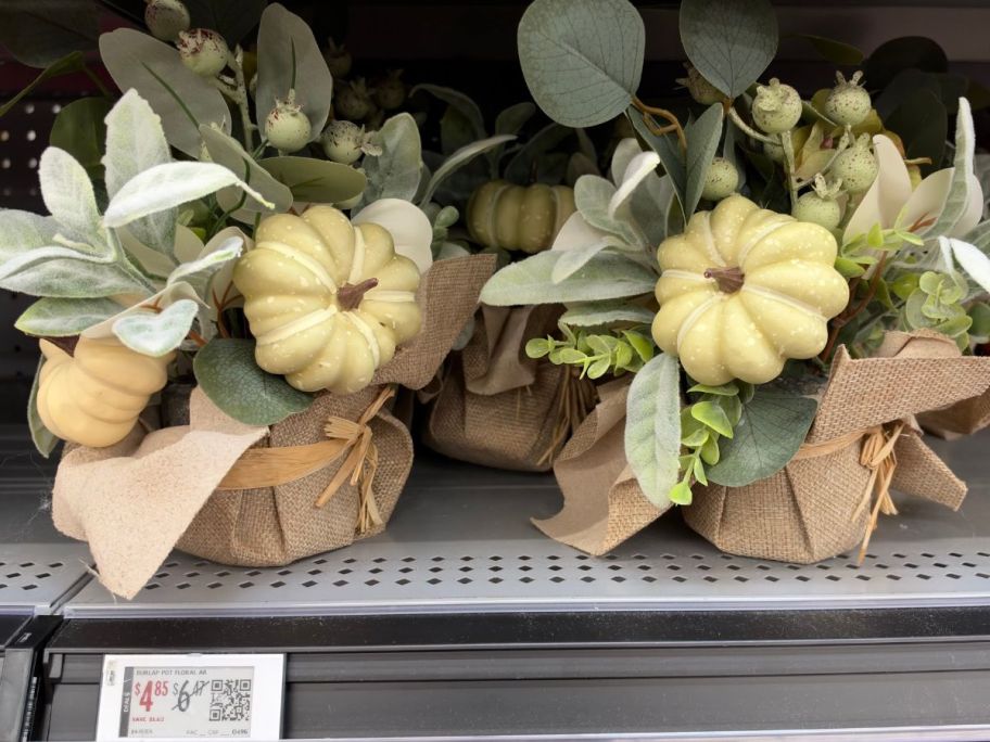 Faux Floral Arrangements in Burlap Pots at Walmart
