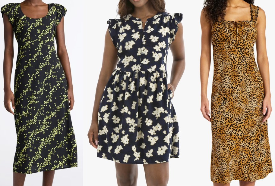 three women modeling printed dresses