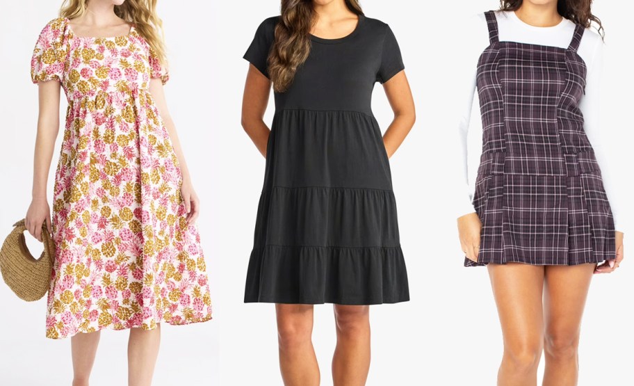 three women modeling printed dresses