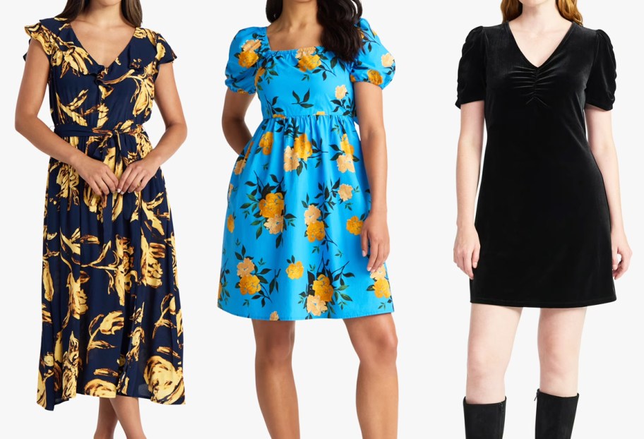 three women modeling printed dresses