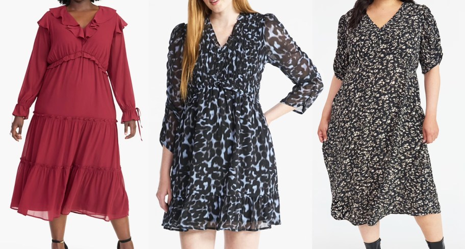 three women modeling printed dresses