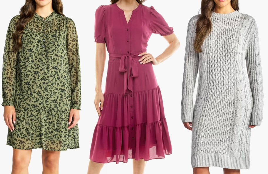 three women modeling printed dresses