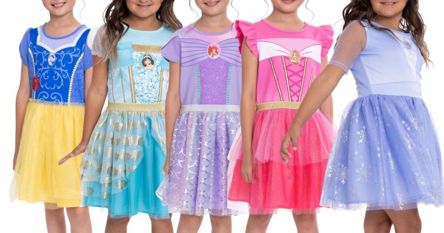 Several girls wearing Disney Princess Dresses