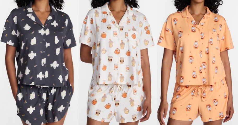 women wearing different styles of halloween pajamas from walmart