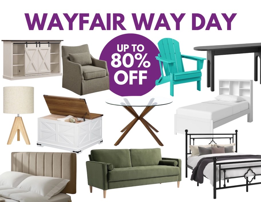 Collage of Wayfair way day up to 80 percent off furniture items for bedroom and living room 