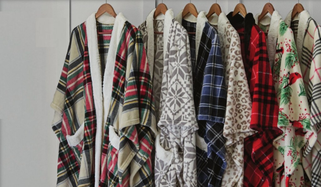 Wearable blankets hanging on hook