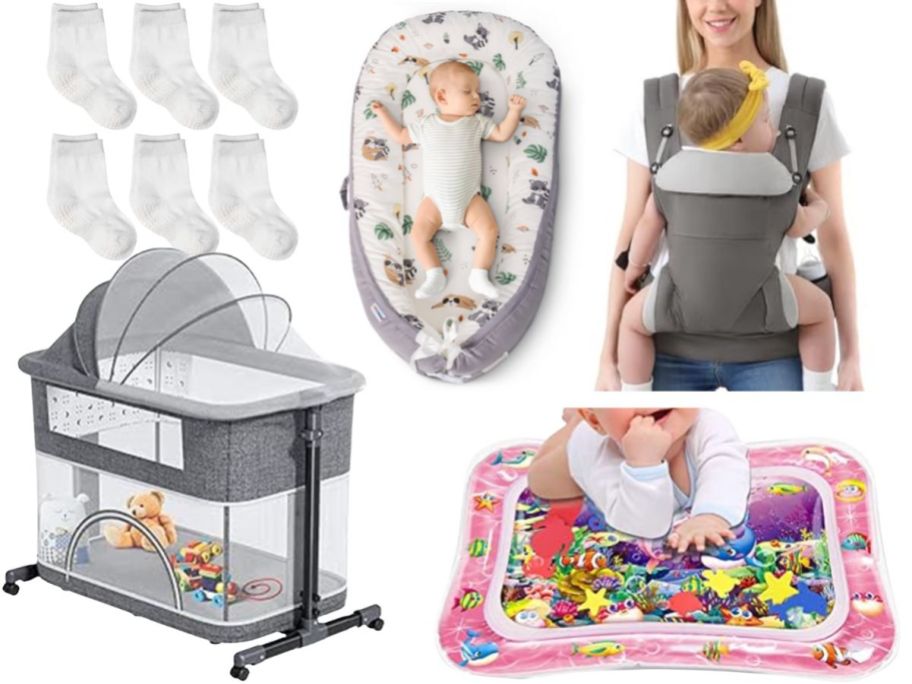 Baby socks, carrier, bassinet, mat, and sleeping mat