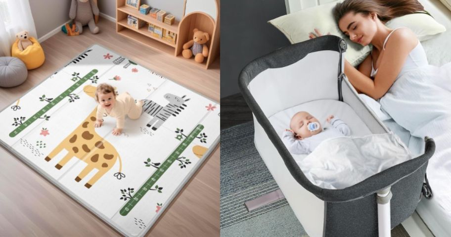 A baby in a play room on a giraffe mat and a woman with a bassinet with a baby in it