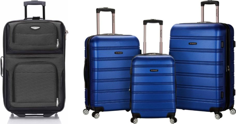 A carry-on in black and a blue 3-piece luggage set