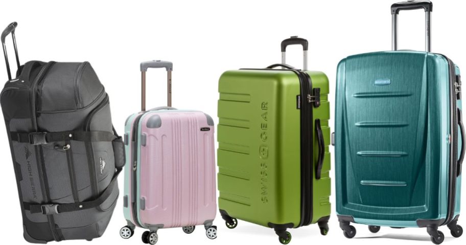 Several hardside luggage pieces in various colors and a rolling duffle bag