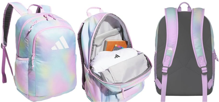 3 different views of a pastel adidas backpack