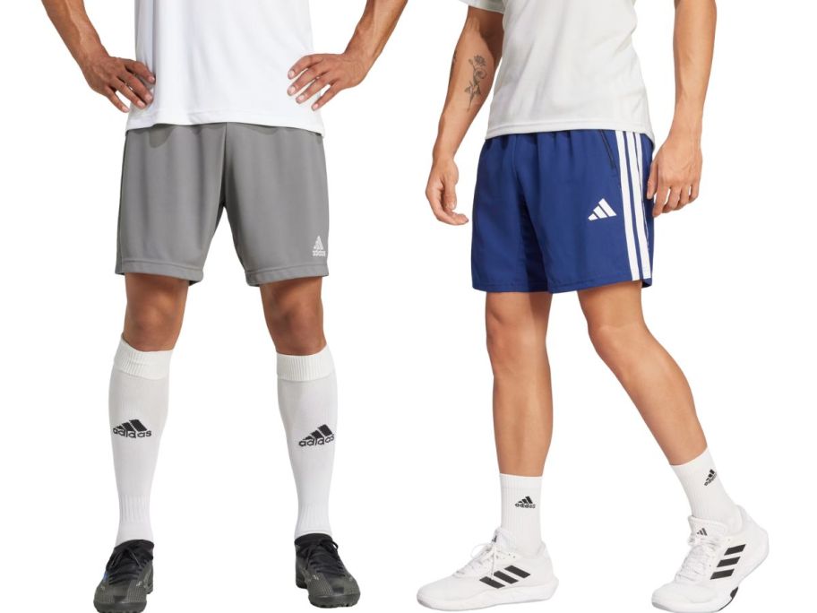 2 men wearing adidas shorts in gray in blue