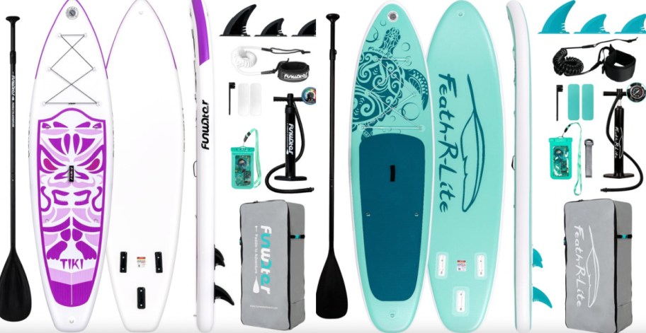 purple and teal paddle boards with accessories