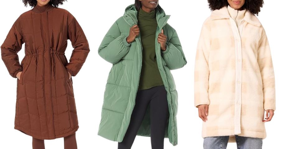 three women wearing amazon essentials jackets