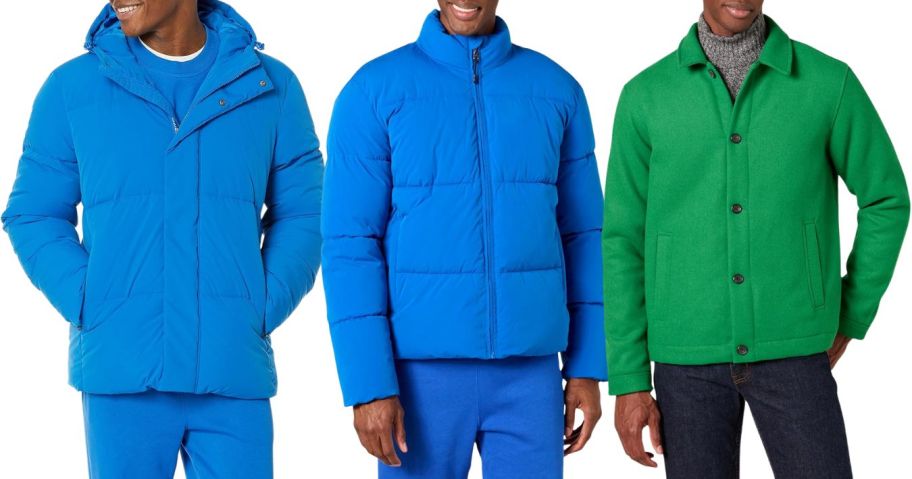 three men wearing amazon essentials jackets