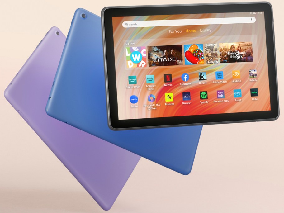 fire tablet with blue and purple one behind it 