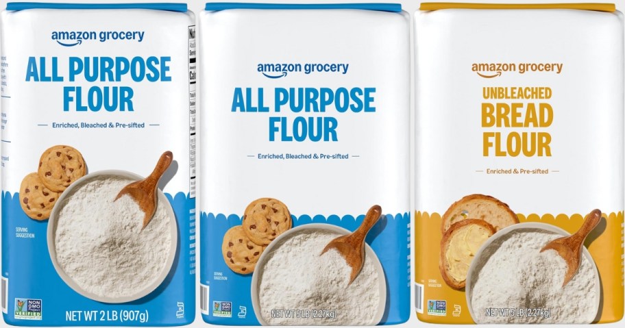 2lb and 5lb bags of all purpose four and a 5lb bag of unbleached bread flour