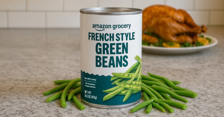 can of amazon grocery green beans on a kitchen counter