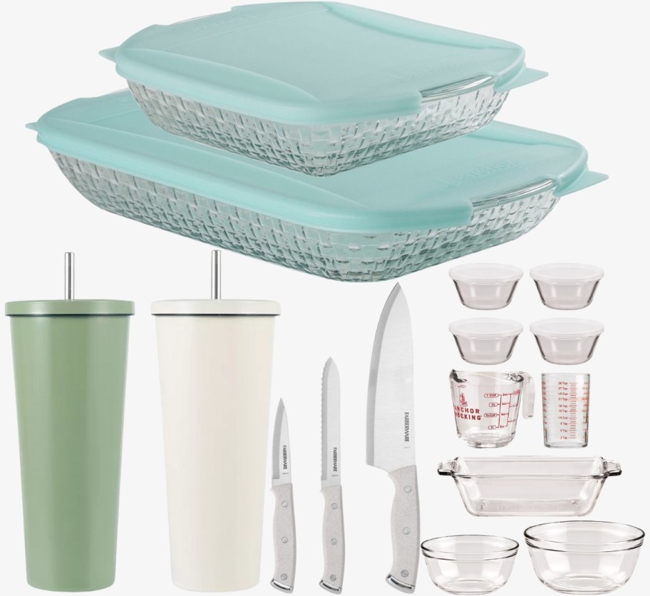 casserole dish set, water bottle set, chefs knife set and baking prep set