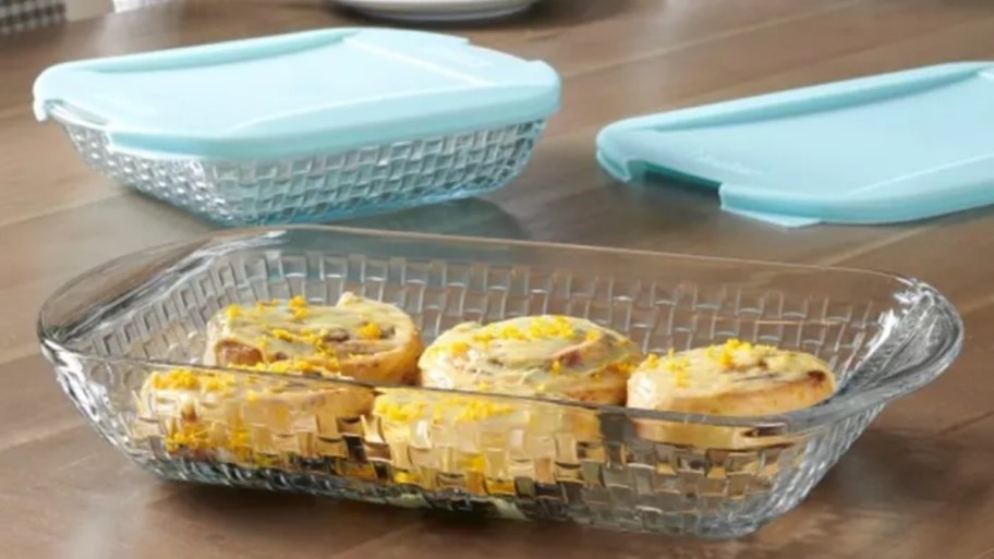 a casserole dish of cinnamon rolls 