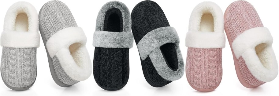 3 pair of knit and faux fur closed toe slippers in different colors