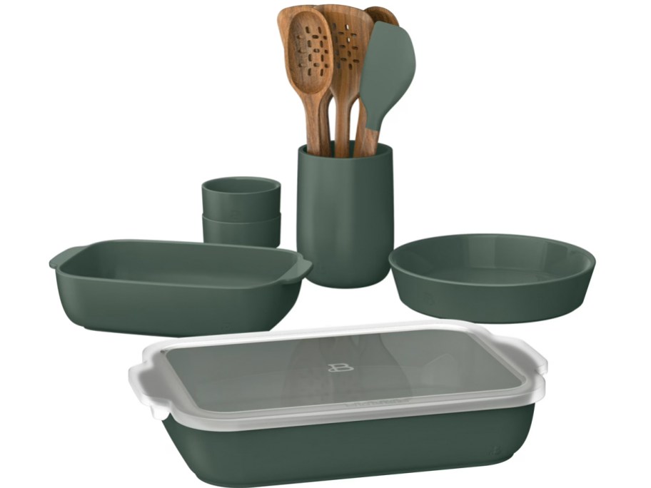 green stoneware baking dishes and wood tools