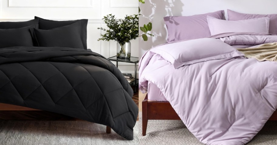 a bed with a black comforter set and a bed with a light purple comforter set