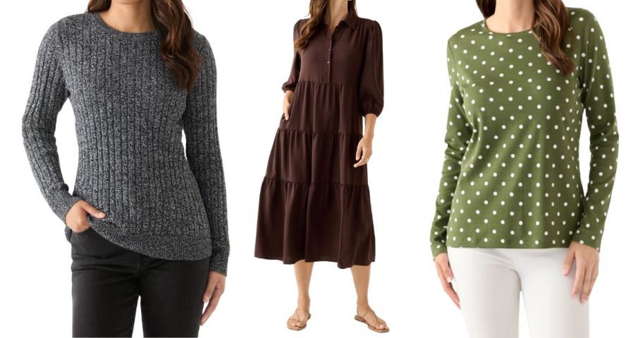 three woman wearing a sweater, dress, and long sleeve top