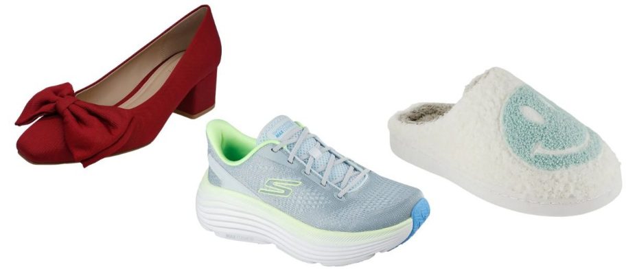 a dress shoe, a skechers sneaker, and a slipper