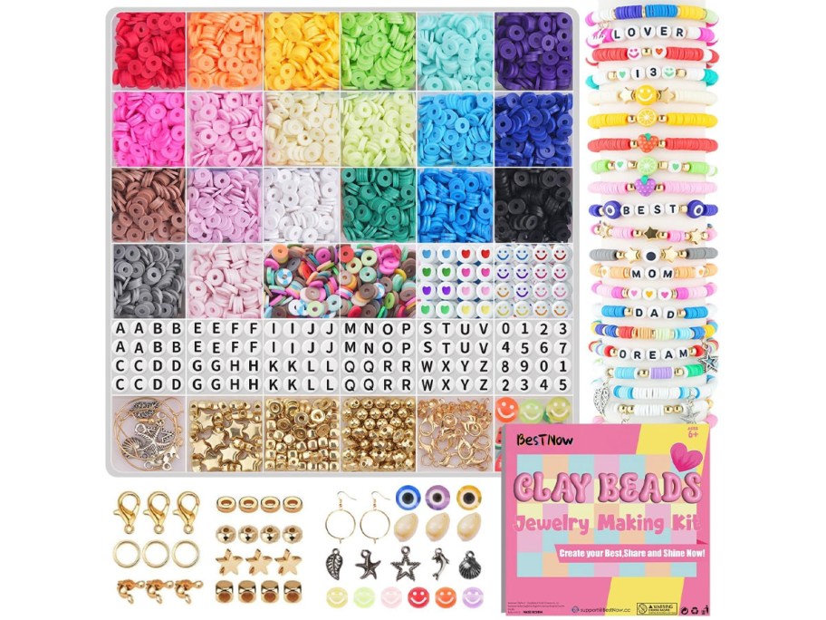 colorful, gold, and alphabet beads in box with clips, charms, and bracelets 