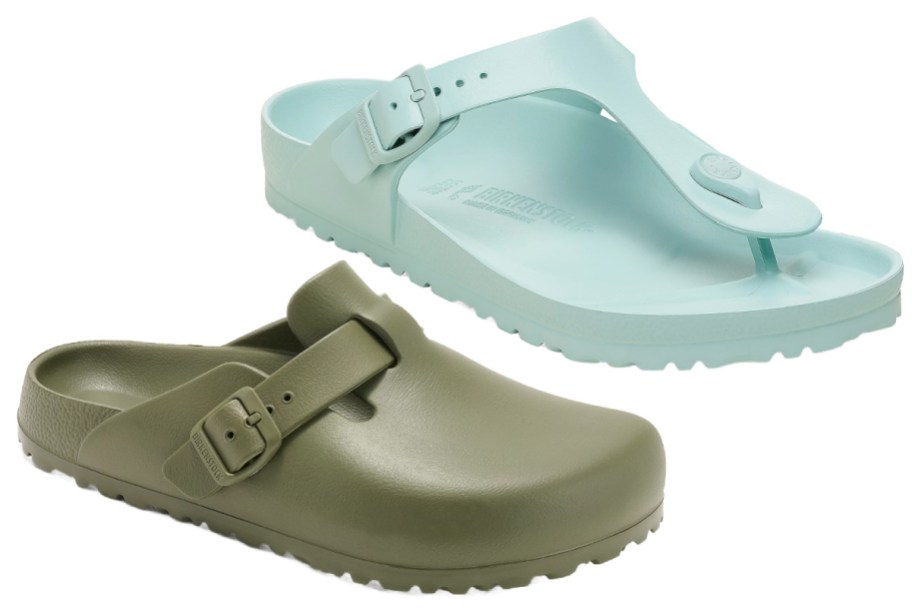 blue thong and green clogs