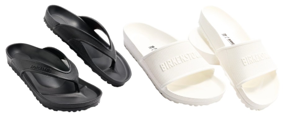 black thongs and white slide sandals