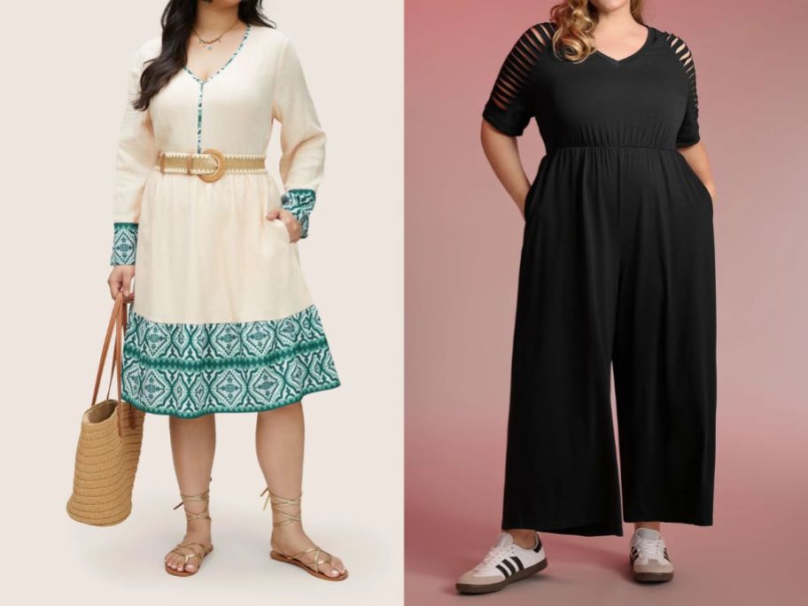 a woman wearing a cream and green bloomchic dress and another woman wearing a black bloomchic jumpsuit