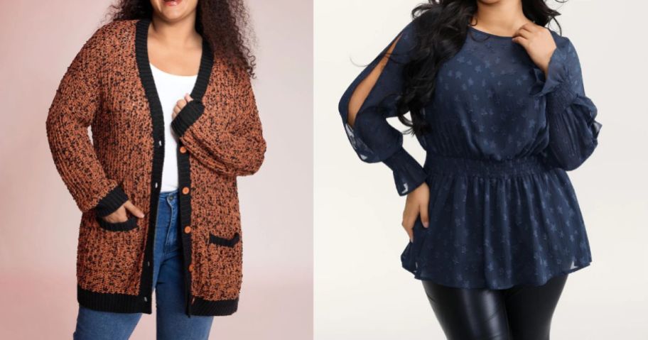 woman wearing an orange and black bloomchic cardigan and another woman wearing a bloomchic blue top