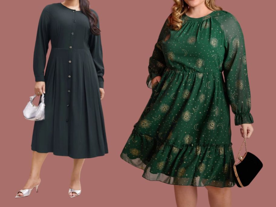 two women wearing black and green bloomchic dresses